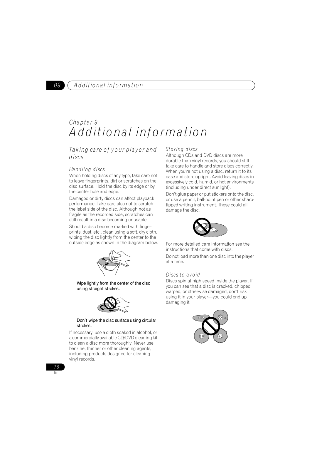 Pioneer DV-989AVi-S operating instructions Additional information Chapter, Taking care of your player and discs 