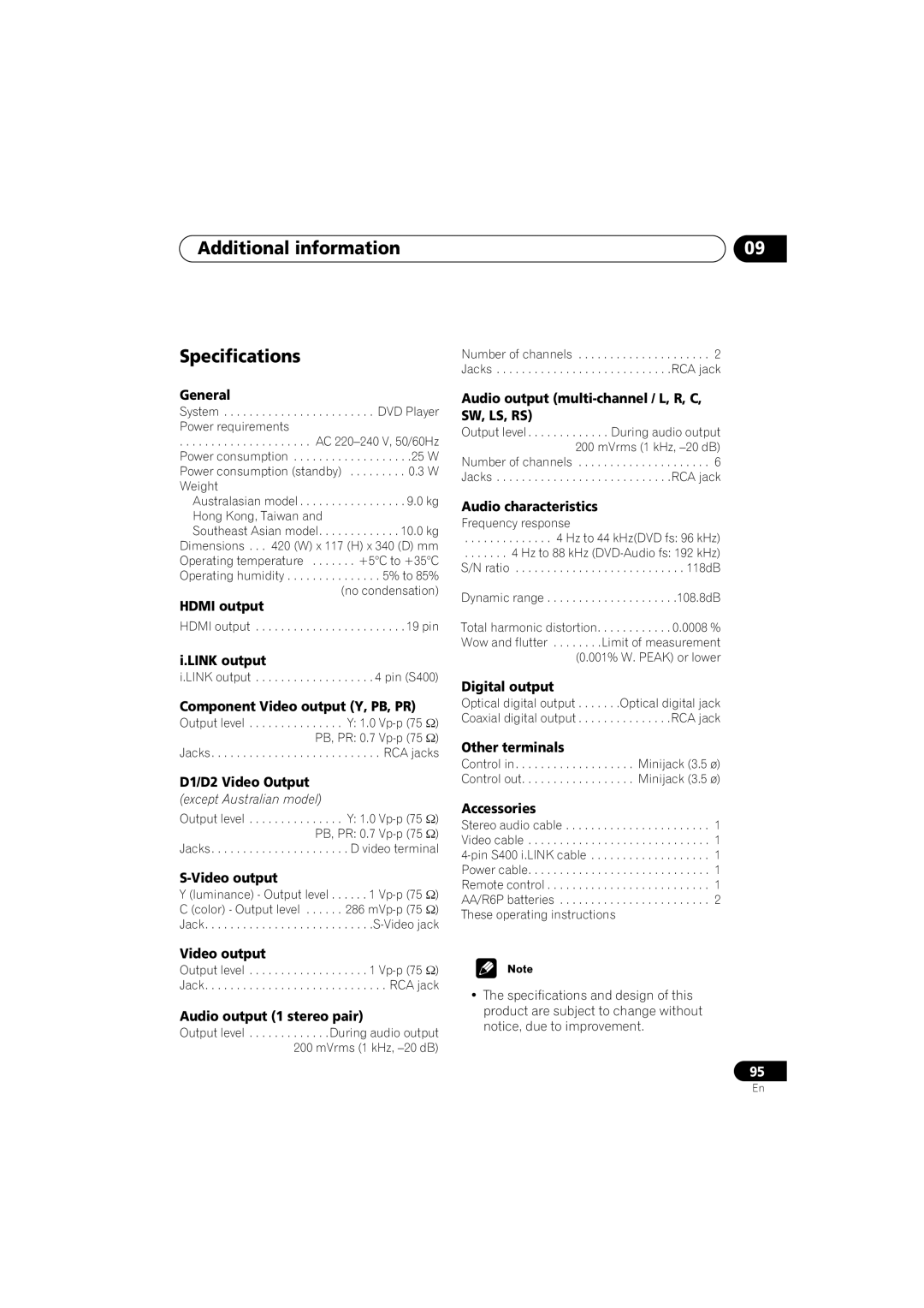 Pioneer DV-989AVi-S operating instructions Additional information Specifications 