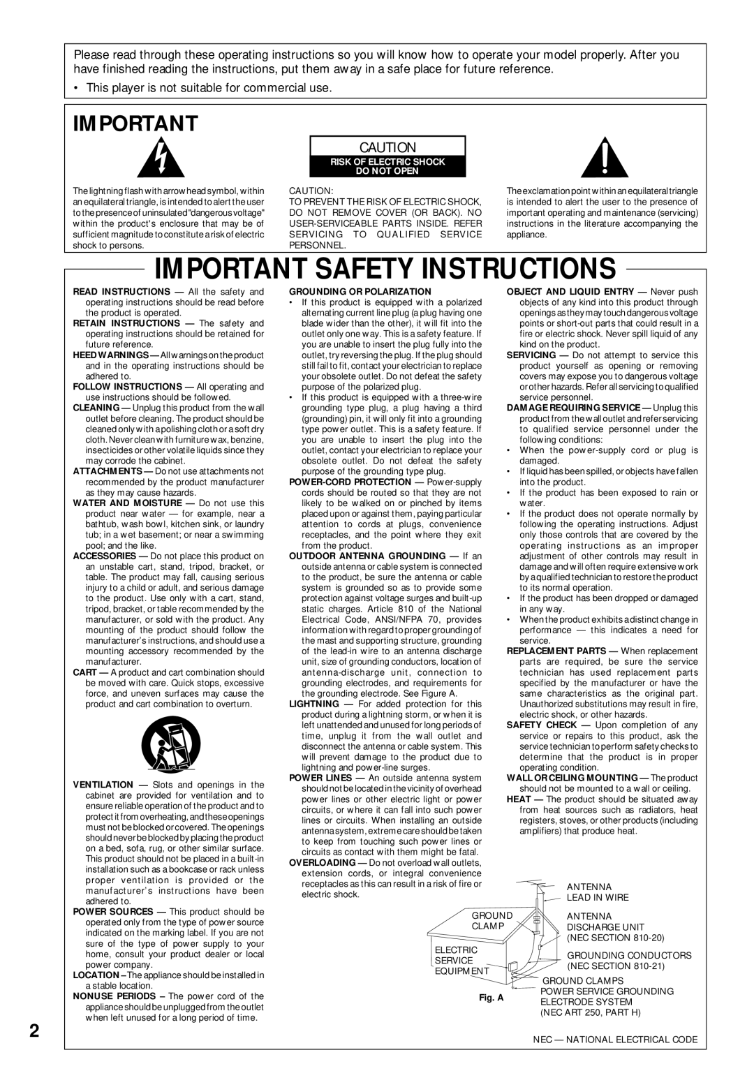 Pioneer DV-C302D operating instructions Important Safety Instructions 