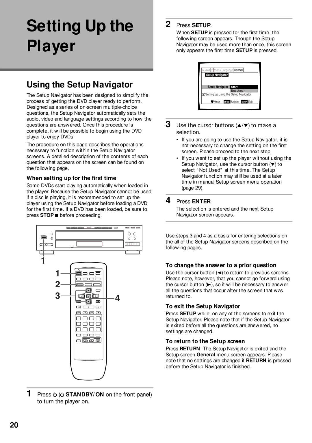 Pioneer DV-C302D operating instructions Setting Up the Player, Using the Setup Navigator 