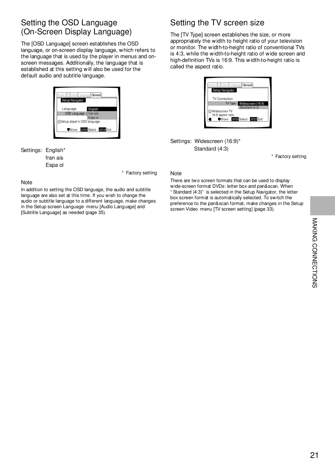 Pioneer DV-C302D Setting the OSD Language On-Screen Display Language, Setting the TV screen size, Français Español 