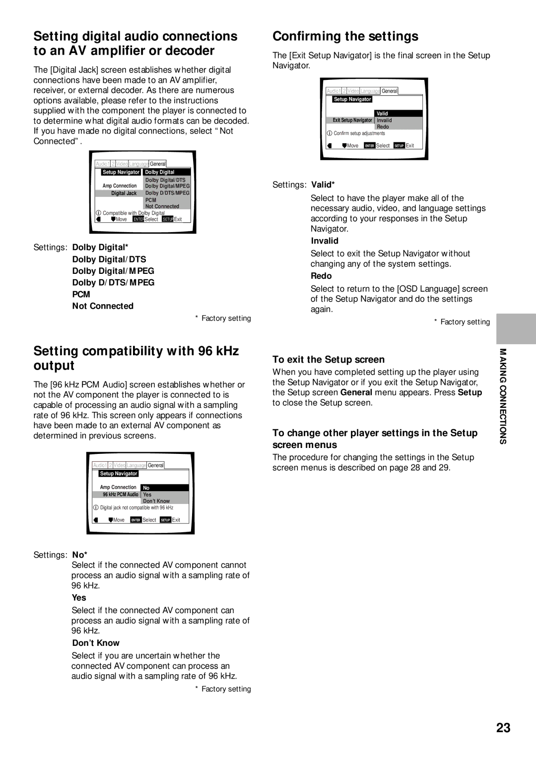 Pioneer DV-C302D Confirming the settings, Setting compatibility with 96 kHz output, To exit the Setup screen 