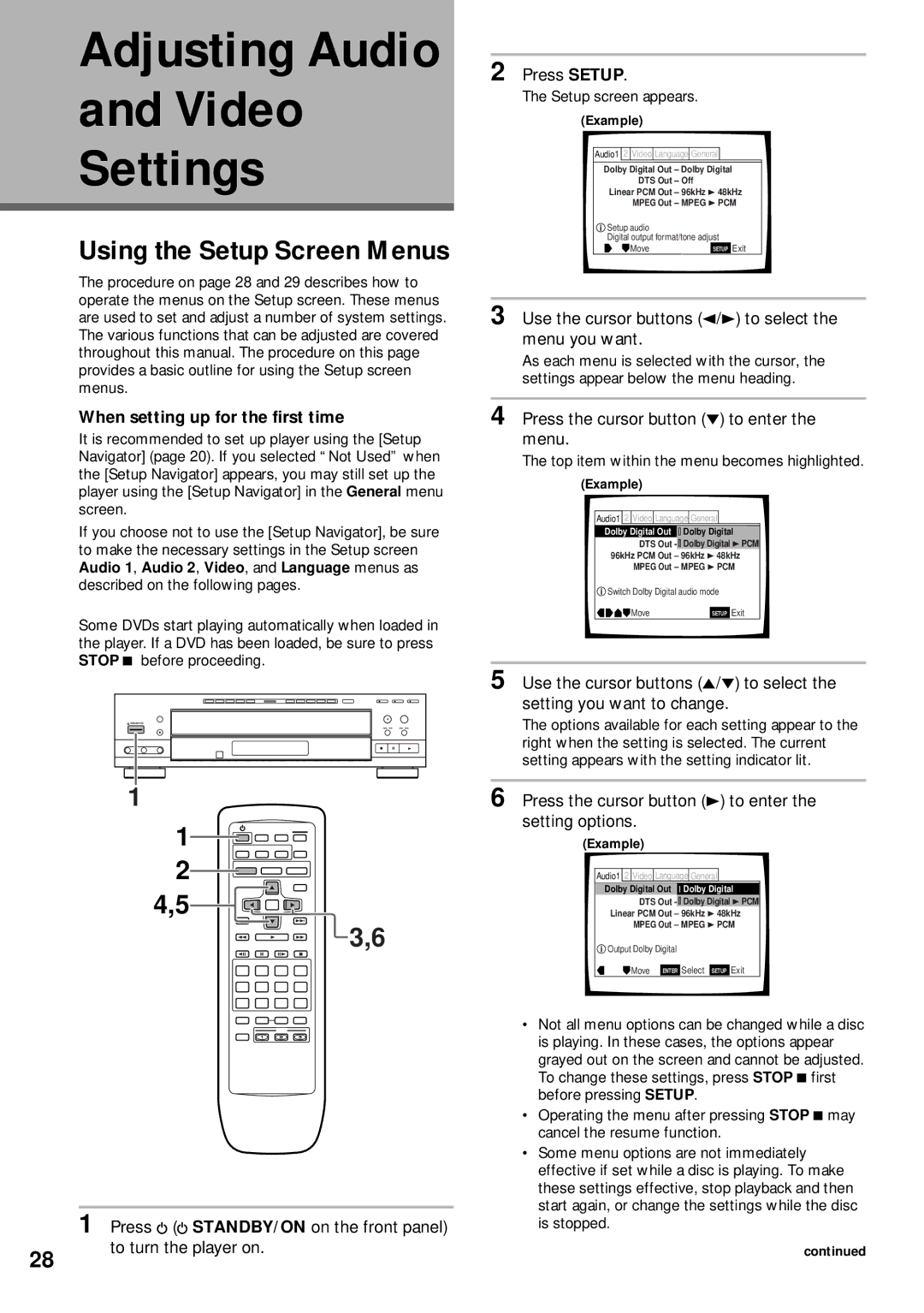 Pioneer DV-C302D Video Settings, Use the cursor buttons 2/3 to select the menu you want, To turn the player on 