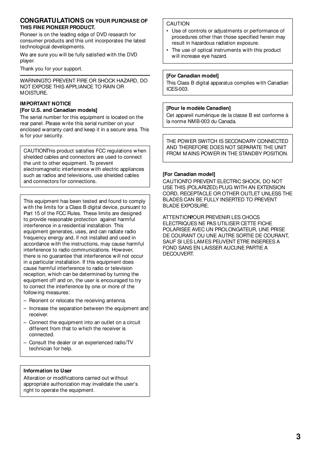 Pioneer DV-C302D For U.S. and Canadian models, Information to User, For Canadian model, Pour le modèle Canadien 