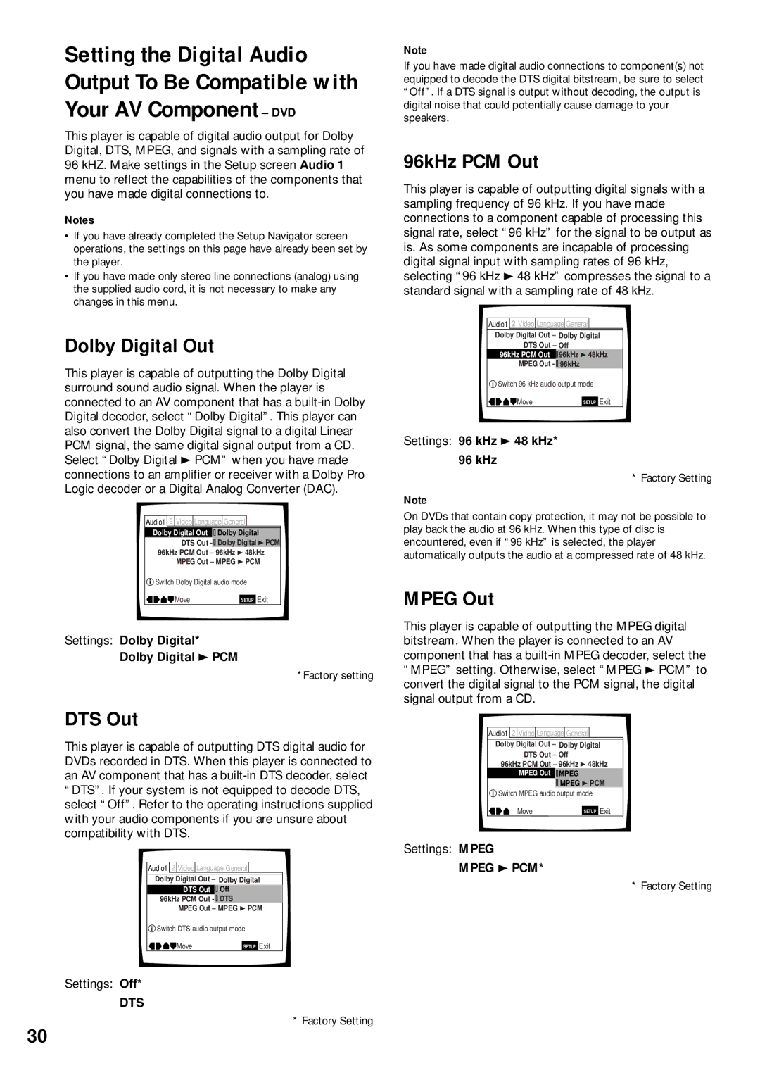 Pioneer DV-C302D operating instructions Dolby Digital Out, DTS Out, 96kHz PCM Out, Mpeg Out 