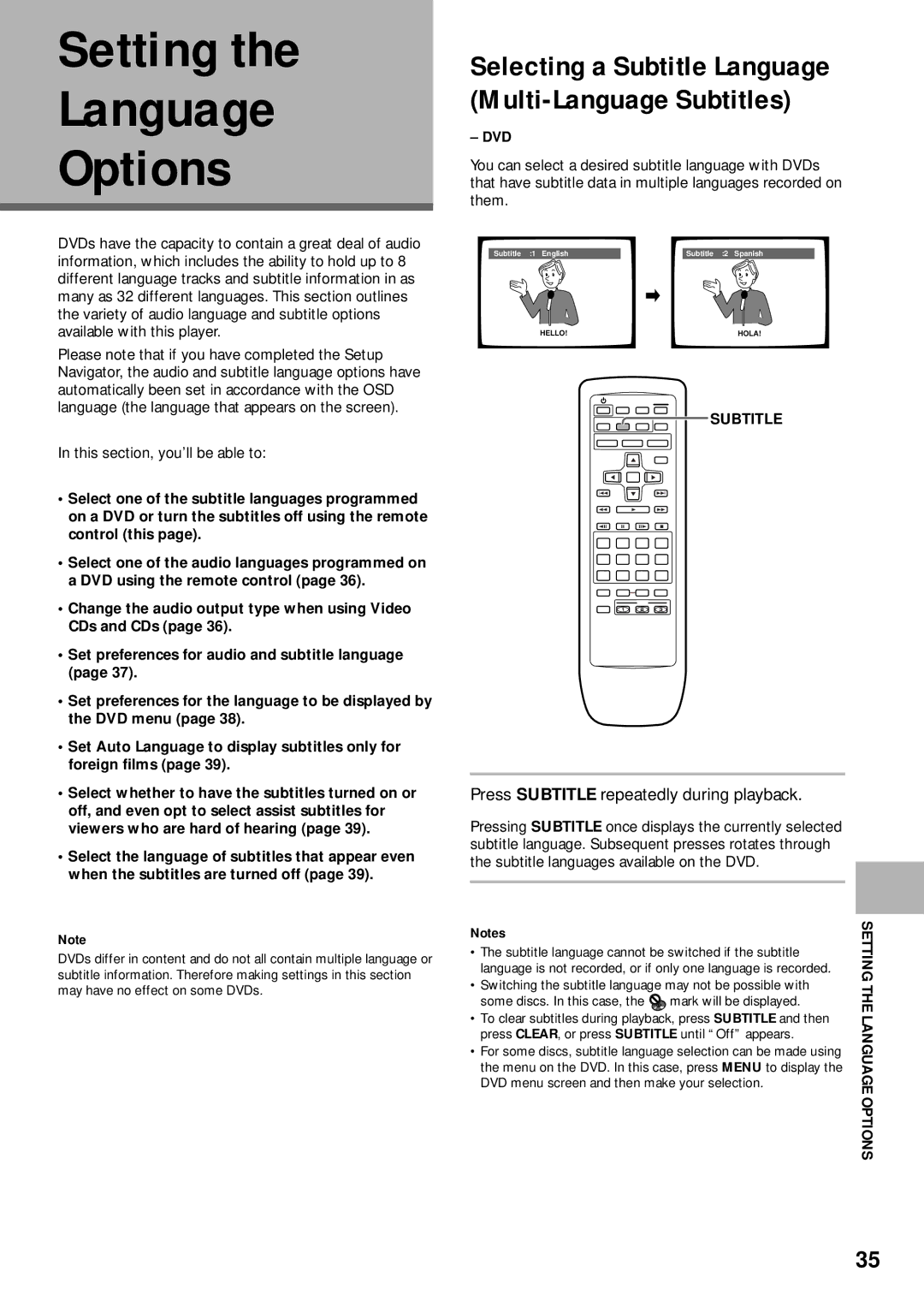 Pioneer DV-C302D operating instructions Setting Language Options, Dvd, Press Subtitle repeatedly during playback 