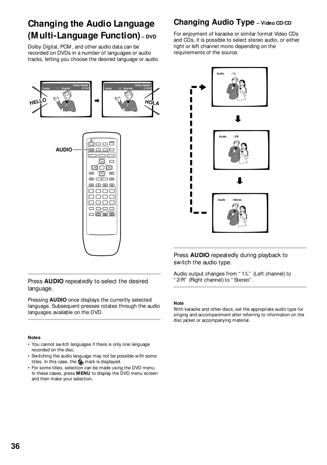 Pioneer DV-C302D Changing Audio Type Video CD/CD, Press Audio repeatedly to select the desired language 