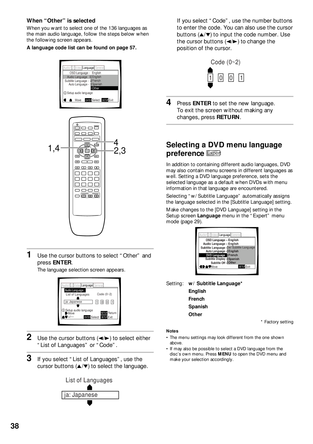 Pioneer DV-C302D operating instructions Selecting a DVD menu language preference Expert, When Other is selected 