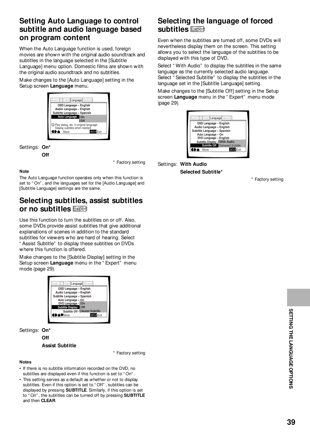 Pioneer DV-C302D Selecting the language of forced subtitles Expert, Off Assist Subtitle, Selected Subtitle 