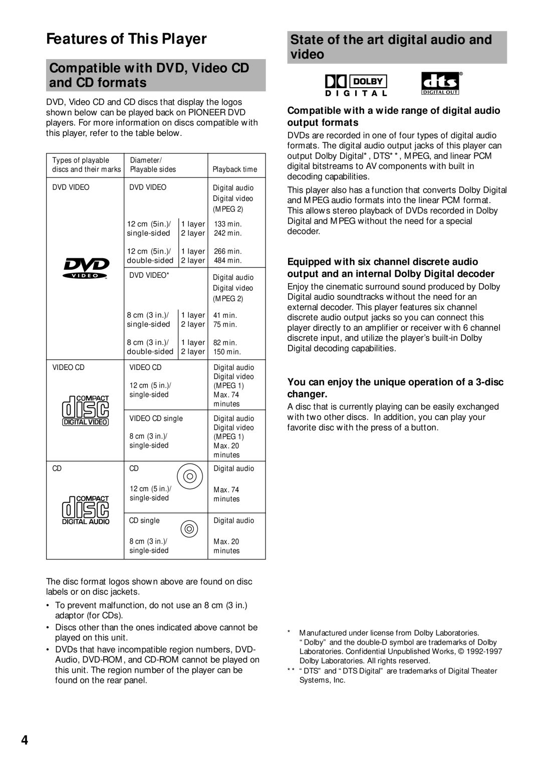 Pioneer DV-C302D operating instructions Features of This Player, Compatible with DVD, Video CD and CD formats 