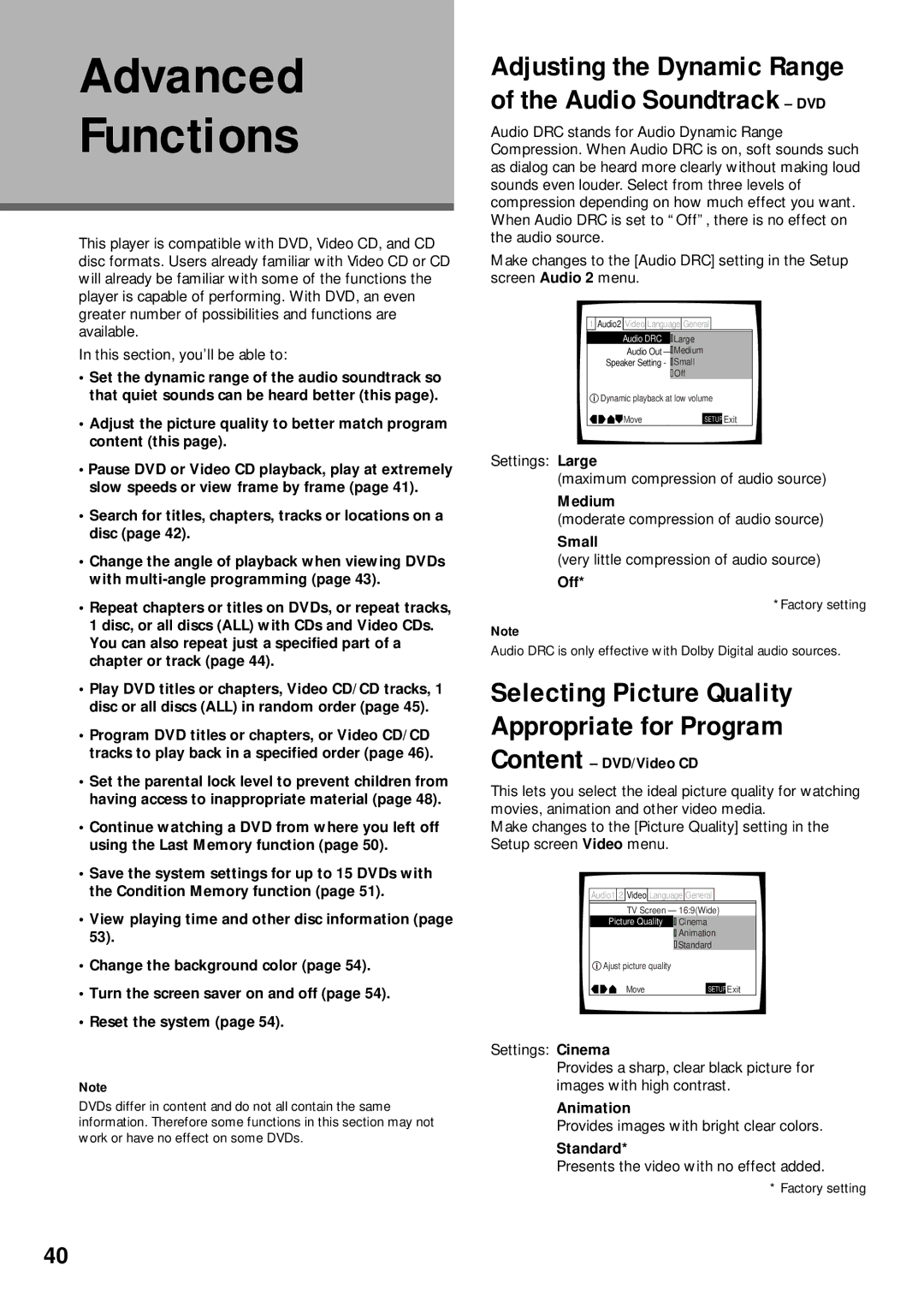 Pioneer DV-C302D operating instructions Advanced Functions, Content DVD/Video CD, Medium, Small, Animation 