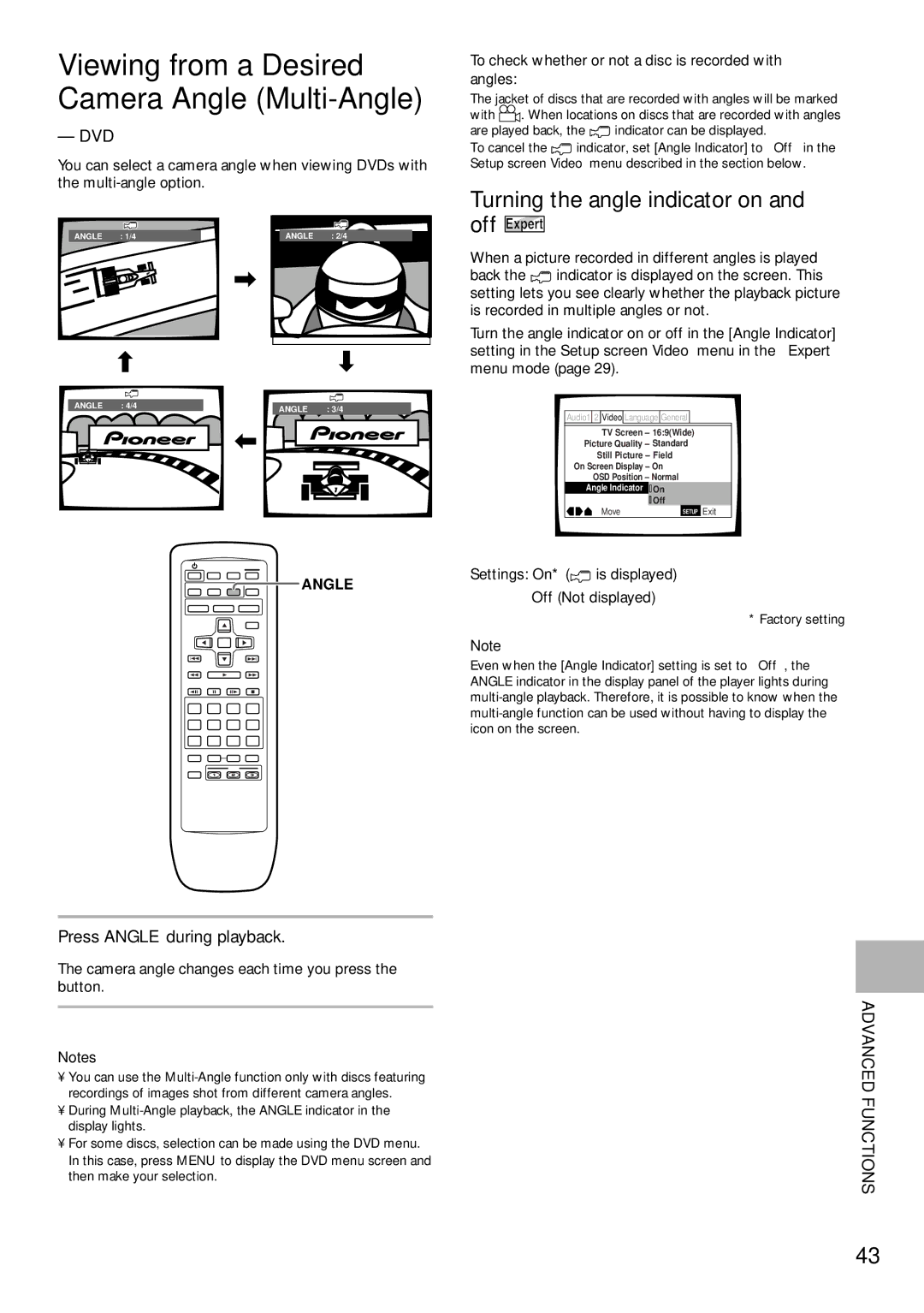 Pioneer DV-C302D operating instructions Turning the angle indicator on, Press Angle during playback 