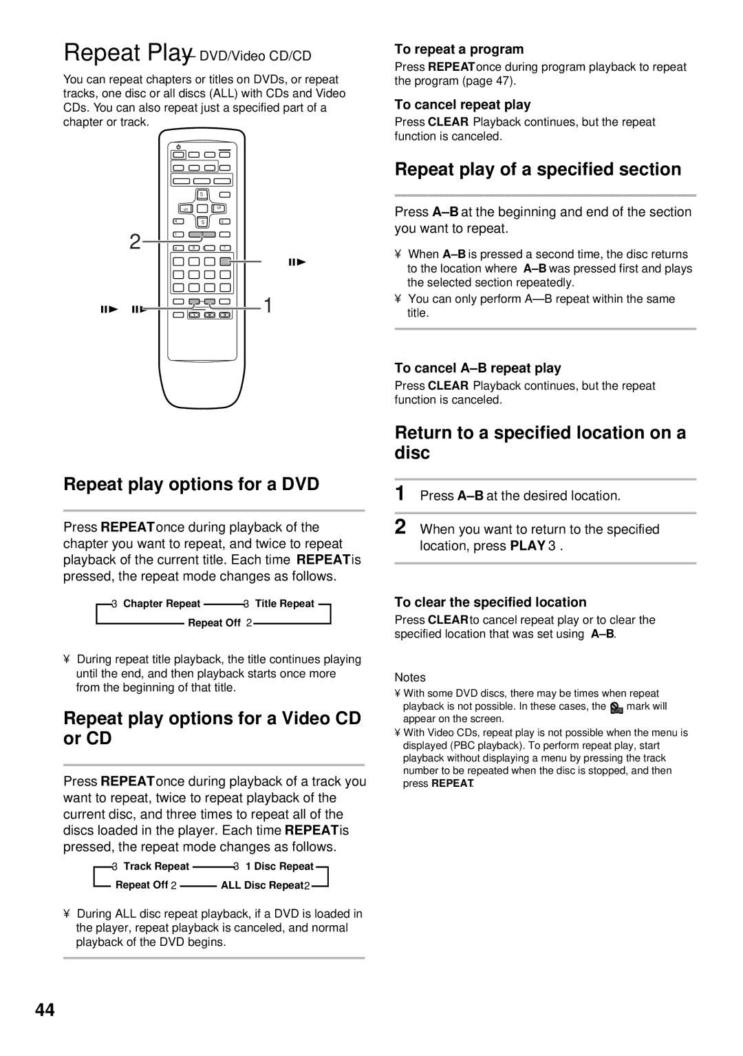 Pioneer DV-C302D operating instructions Repeat play options for a DVD, Repeat play options for a Video CD or CD 