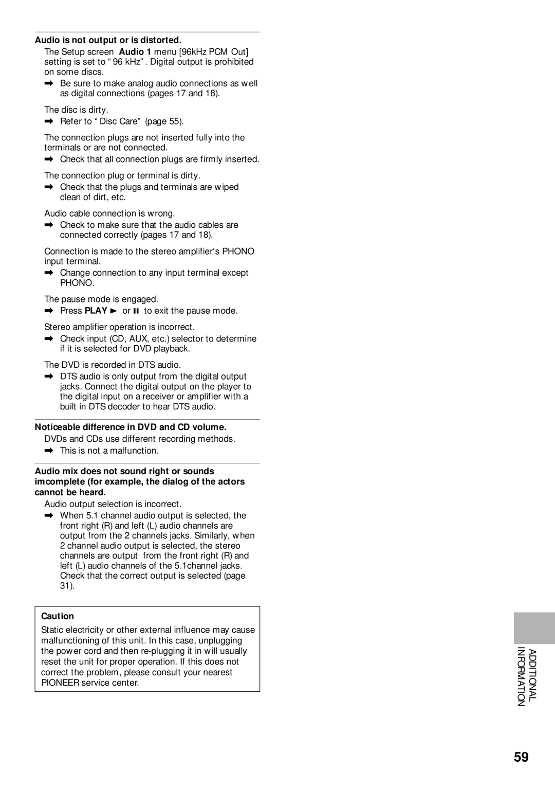 Pioneer DV-C302D operating instructions Audio is not output or is distorted, Phono 