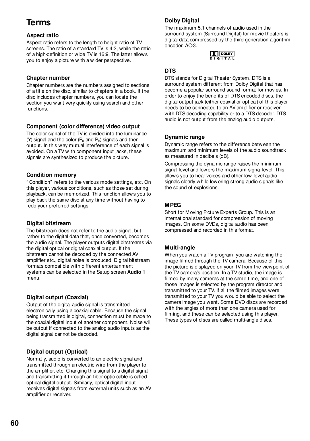 Pioneer DV-C302D operating instructions Terms, Dts, Mpeg 