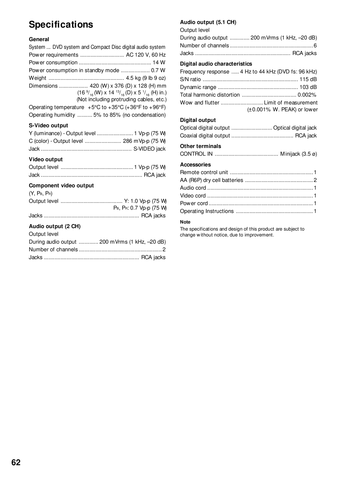 Pioneer DV-C302D operating instructions Specifications 