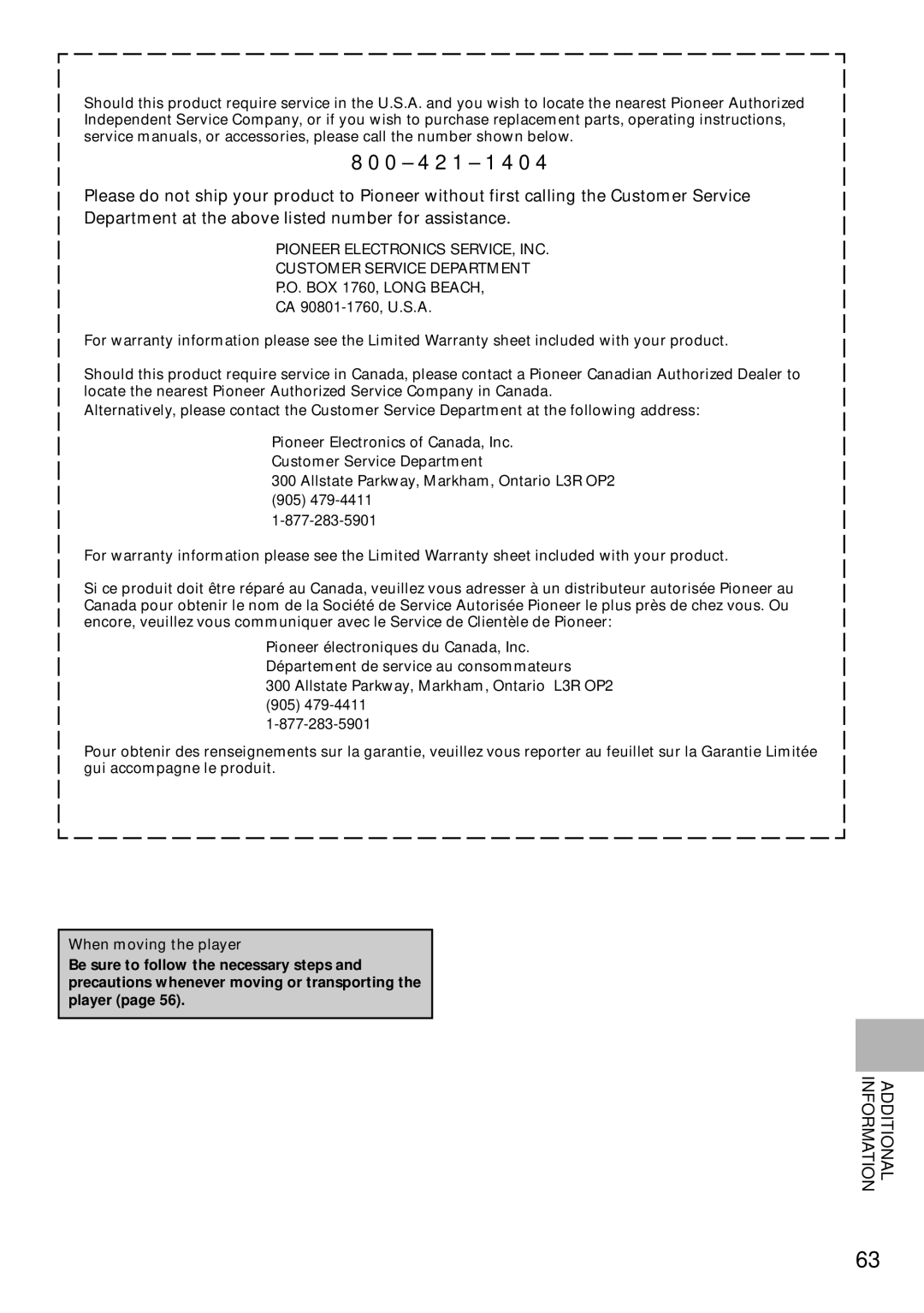 Pioneer DV-C302D operating instructions 0 4 2 1 1 4 0, When moving the player 