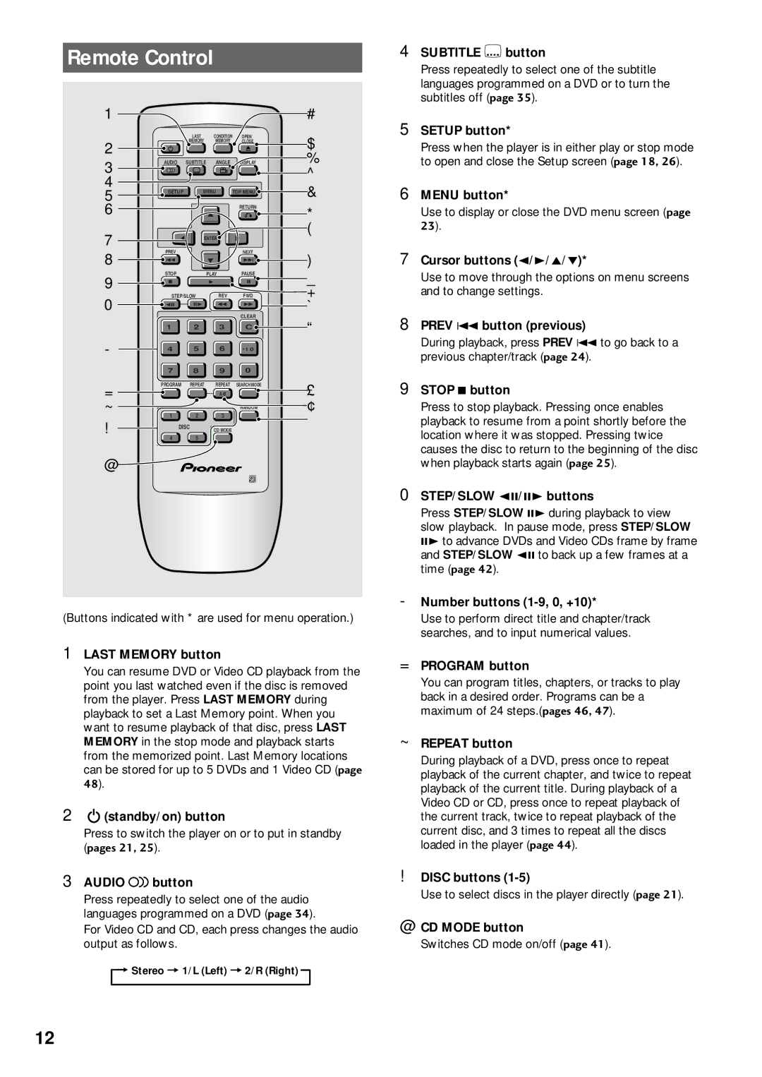 Pioneer DV-C503 Last Memory button, Audio button, Subtitle button, Setup button, Menu button, Cursor buttons 2/3/5 