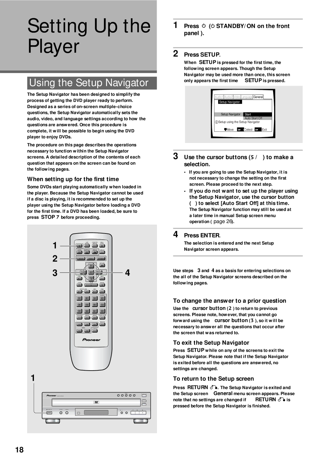 Pioneer DV-C503 operating instructions Setting Up the Player, Using the Setup Navigator 