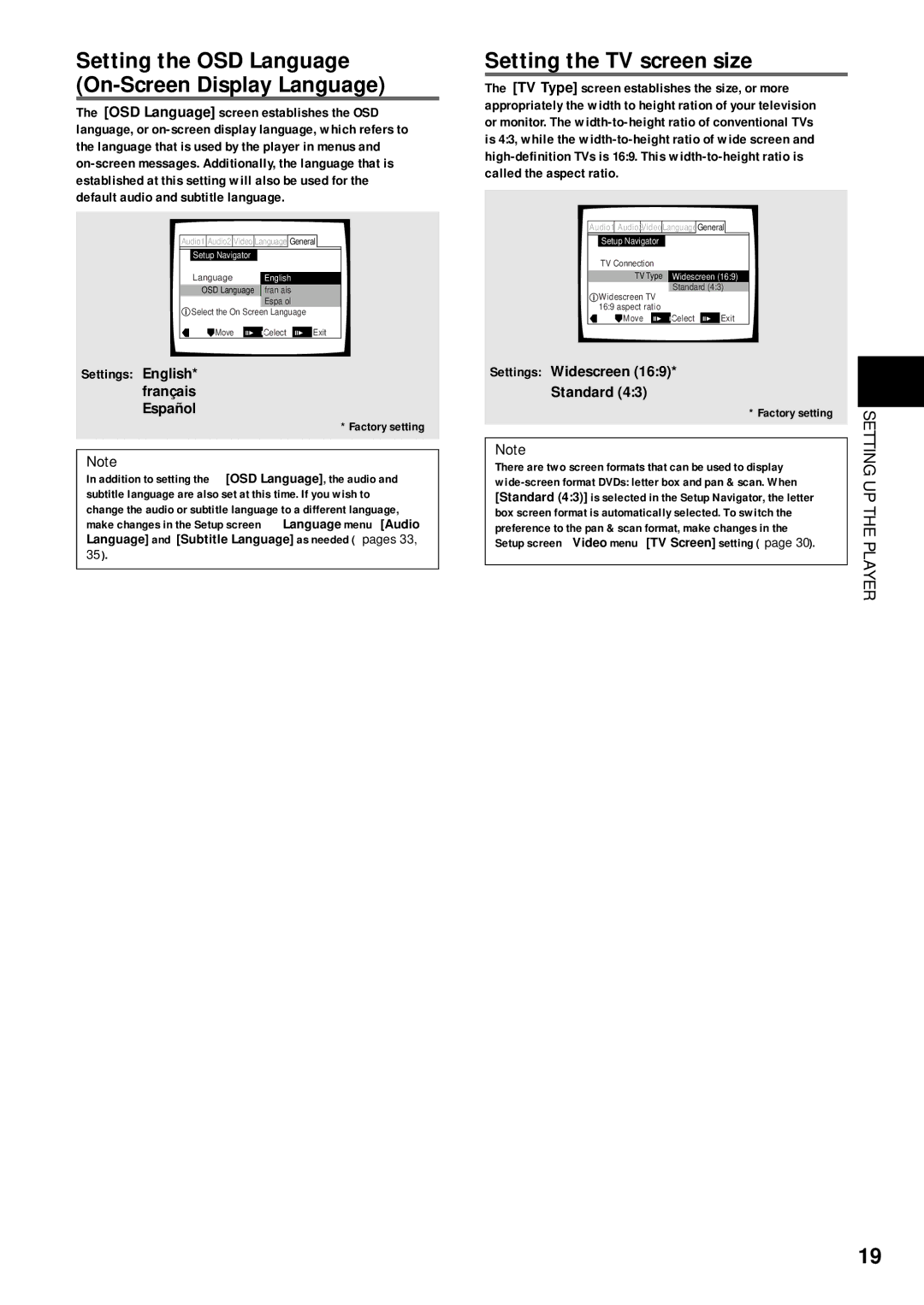 Pioneer DV-C503 Setting the OSD Language On-Screen Display Language, Setting the TV screen size, Settings English 