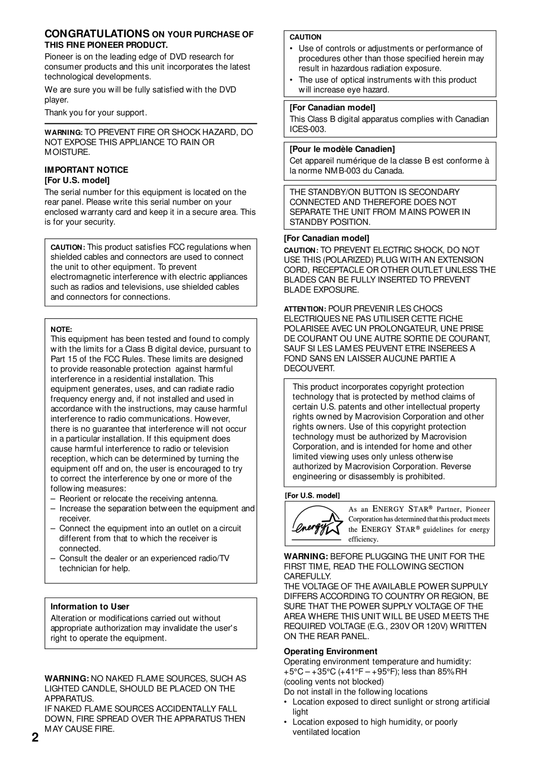 Pioneer DV-C503 Important Notice For U.S. model, Information to User, For Canadian model, Pour le modèle Canadien 