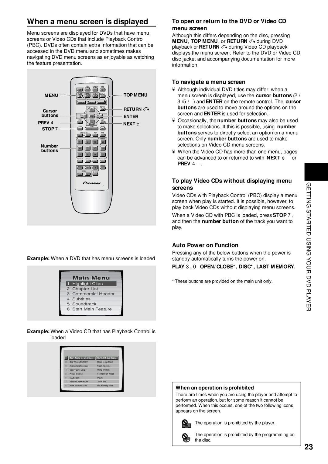 Pioneer DV-C503 operating instructions When a menu screen is displayed 