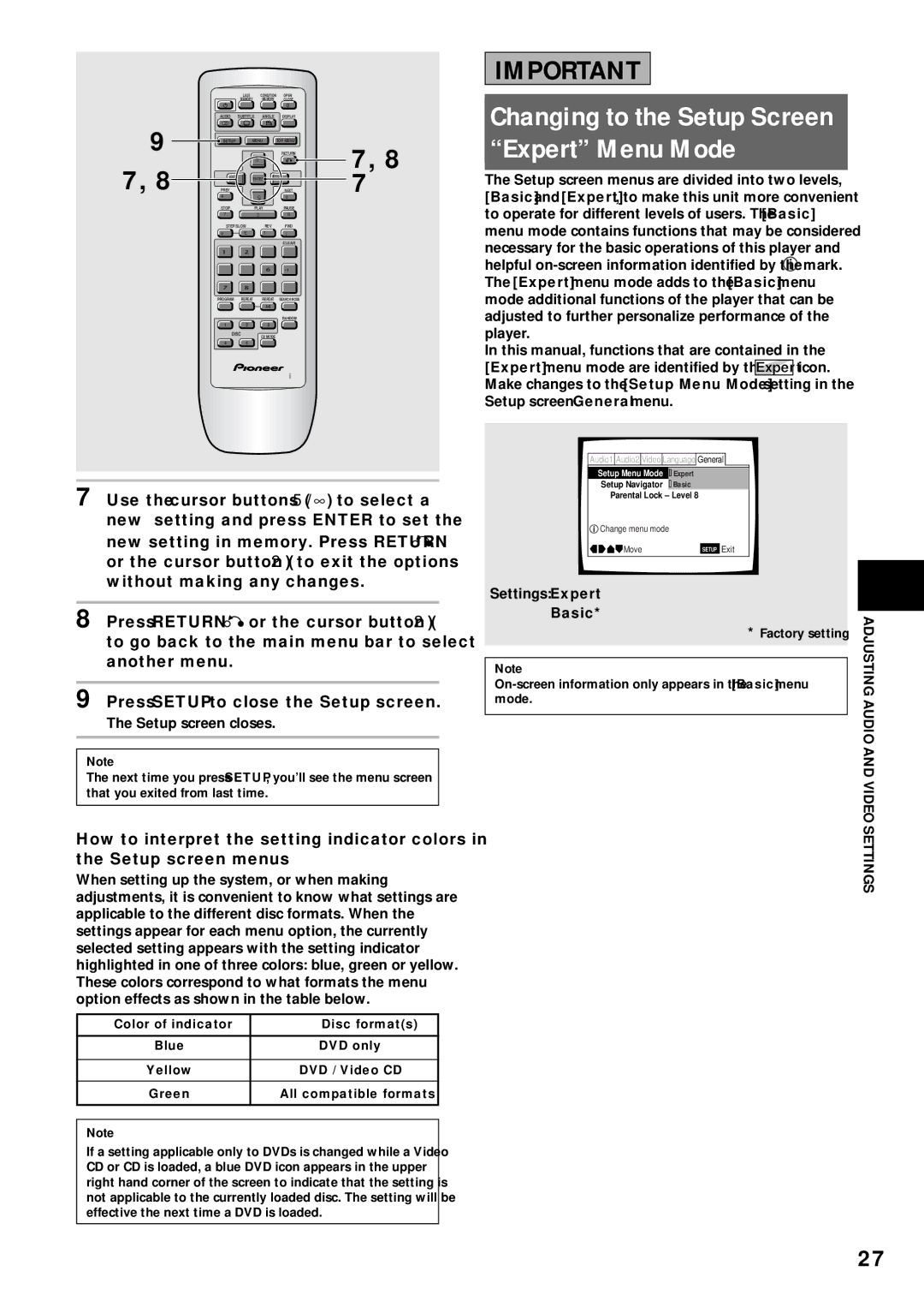 Pioneer DV-C503 Changing to the Setup Screen Expert Menu Mode, Audio and Video Settings, Setup screen closes, Basic 