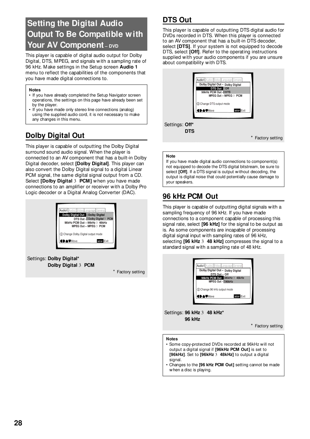 Pioneer DV-C503 operating instructions Dolby Digital Out, DTS Out, KHz PCM Out, Settings Dolby Digital Dolby Digital 3 PCM 