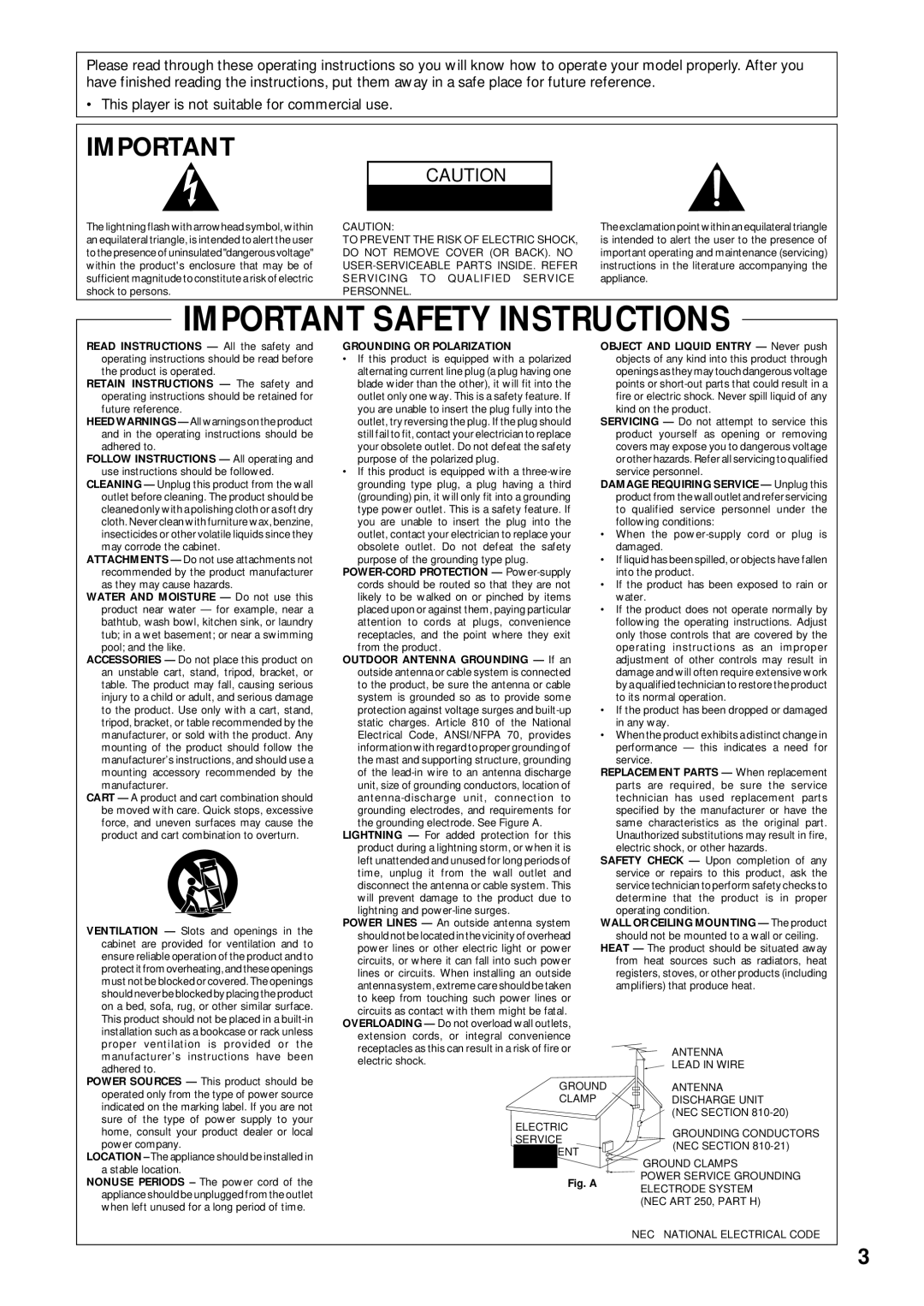 Pioneer DV-C503 operating instructions Important Safety Instructions 