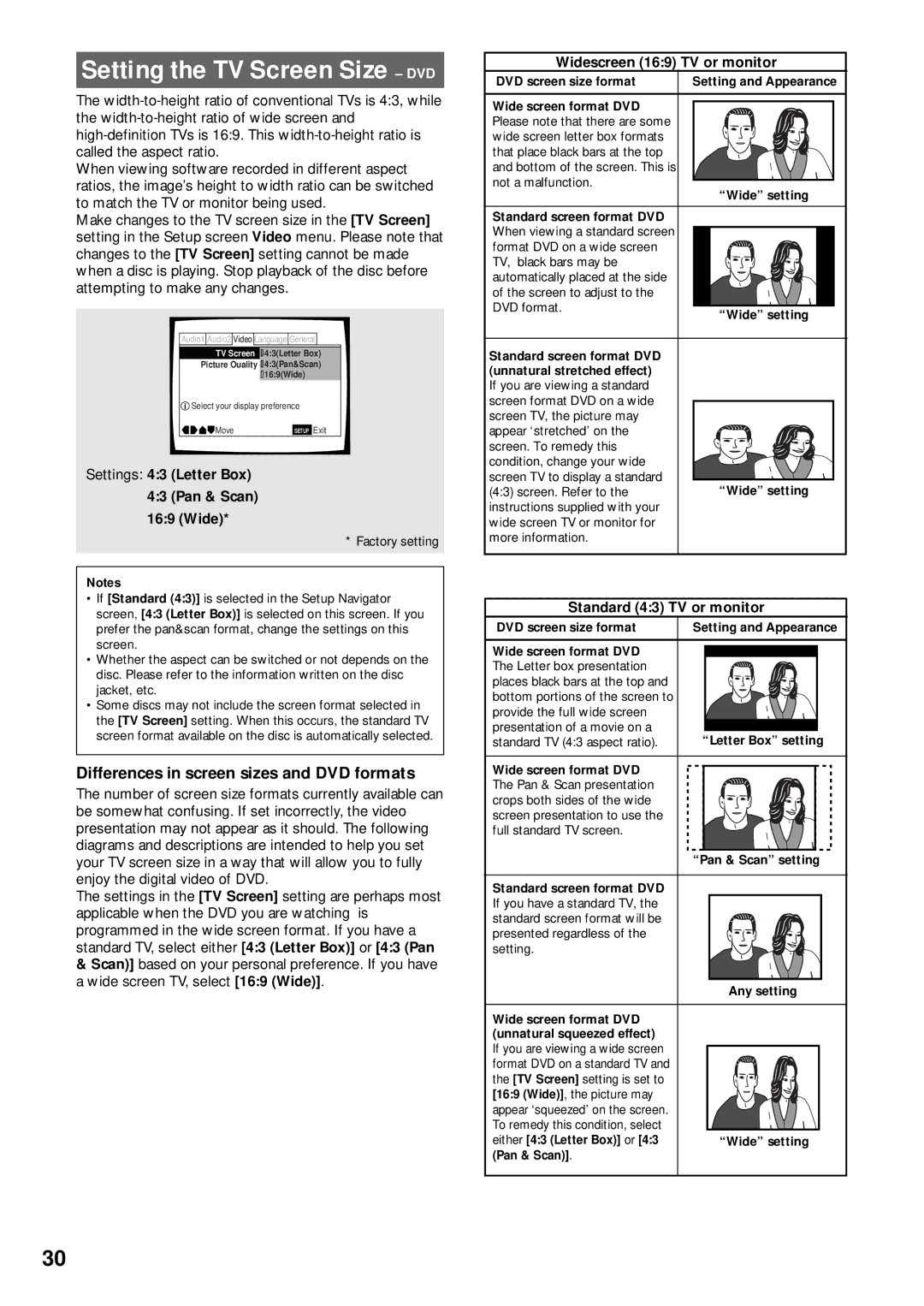 Pioneer DV-C503 operating instructions Differences in screen sizes and DVD formats, Settings 43 Letter Box Pan & Scan Wide 