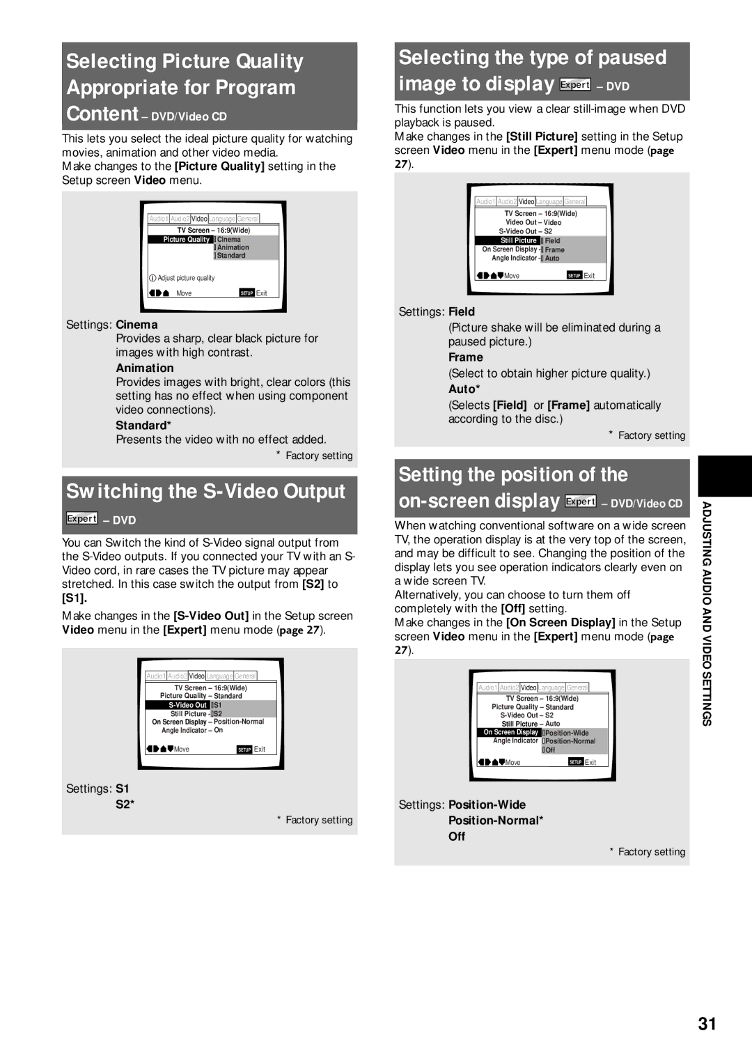 Pioneer DV-C503 operating instructions Switching the S-Video Output, Setting the position, Content DVD/Video CD 