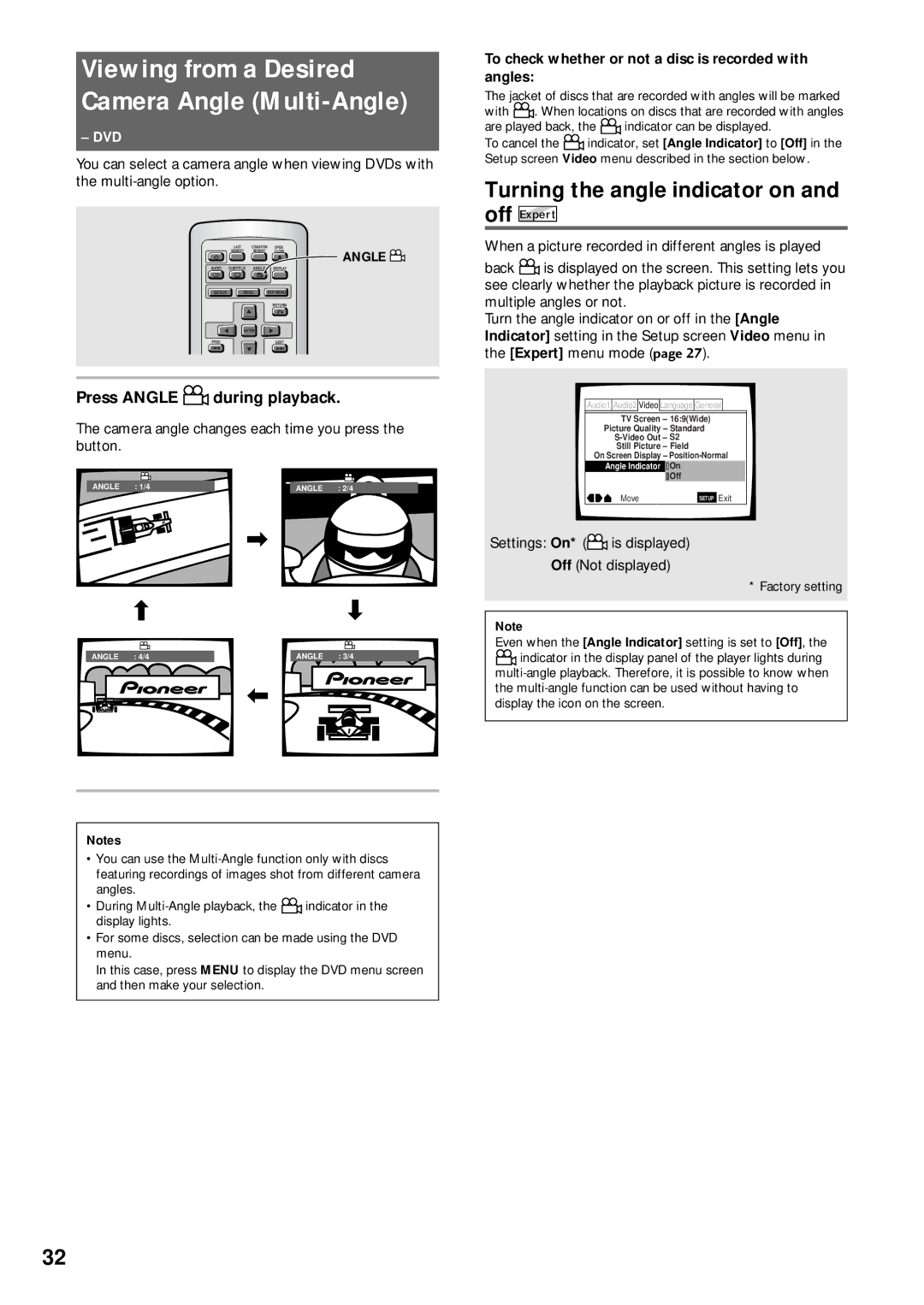 Pioneer DV-C503 operating instructions Turning the angle indicator on, Press Angle during playback, Off Expert 