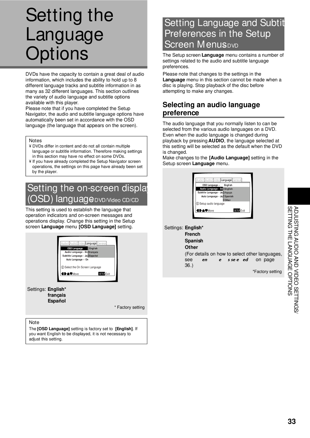 Pioneer DV-C503 Setting Language Options, Setting the on-screen display, Selecting an audio language preference 