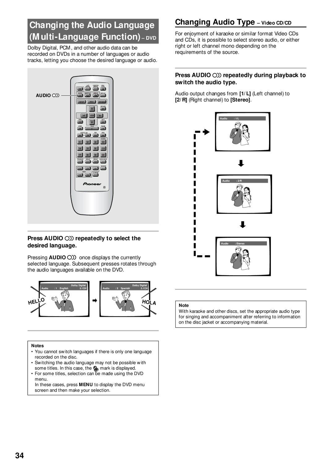 Pioneer DV-C503 Changing Audio Type Video CD/CD, Press Audio repeatedly to select the desired language 