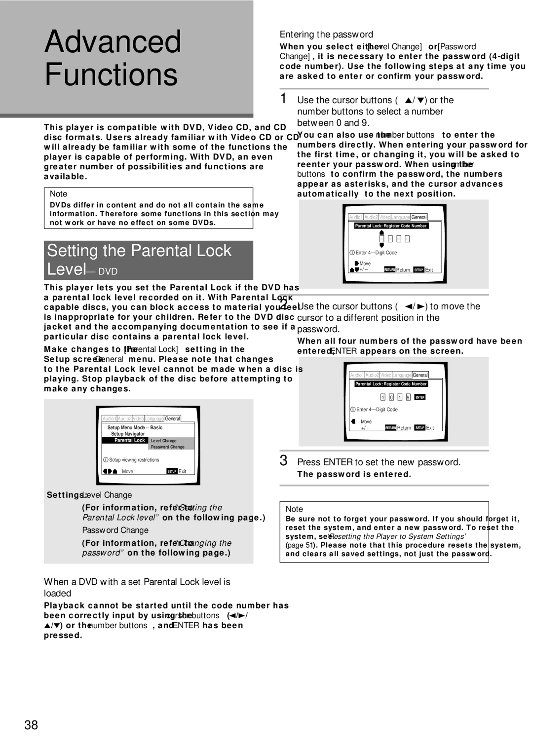 Pioneer DV-C503 operating instructions Advanced Functions, Setting the Parental Lock Level DVD, Entering the password 