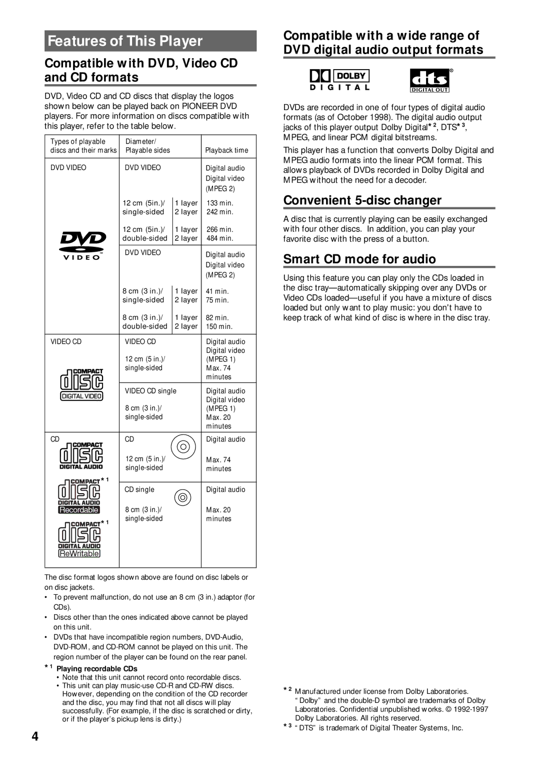 Pioneer DV-C503 Features of This Player, Compatible with DVD, Video CD and CD formats, Convenient 5-disc changer 