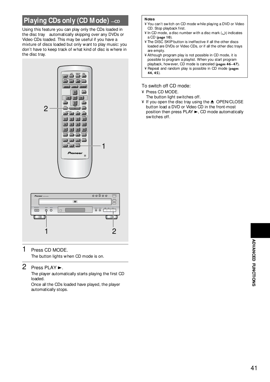 Pioneer DV-C503 operating instructions Press CD Mode, To switch off CD mode, Button lights when CD mode is on 