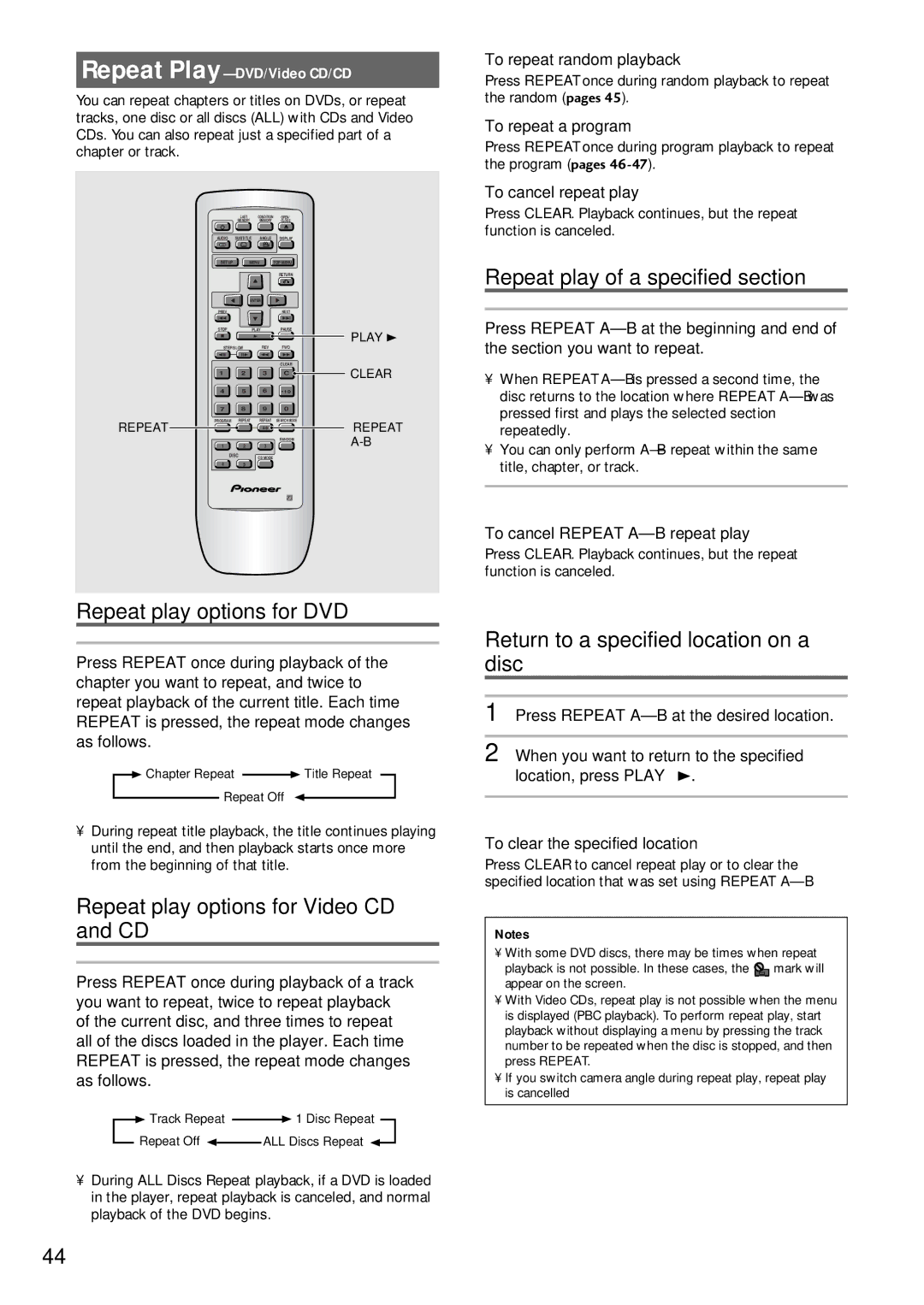 Pioneer DV-C503 Repeat play options for DVD, Repeat play options for Video CD and CD, Repeat play of a specified section 