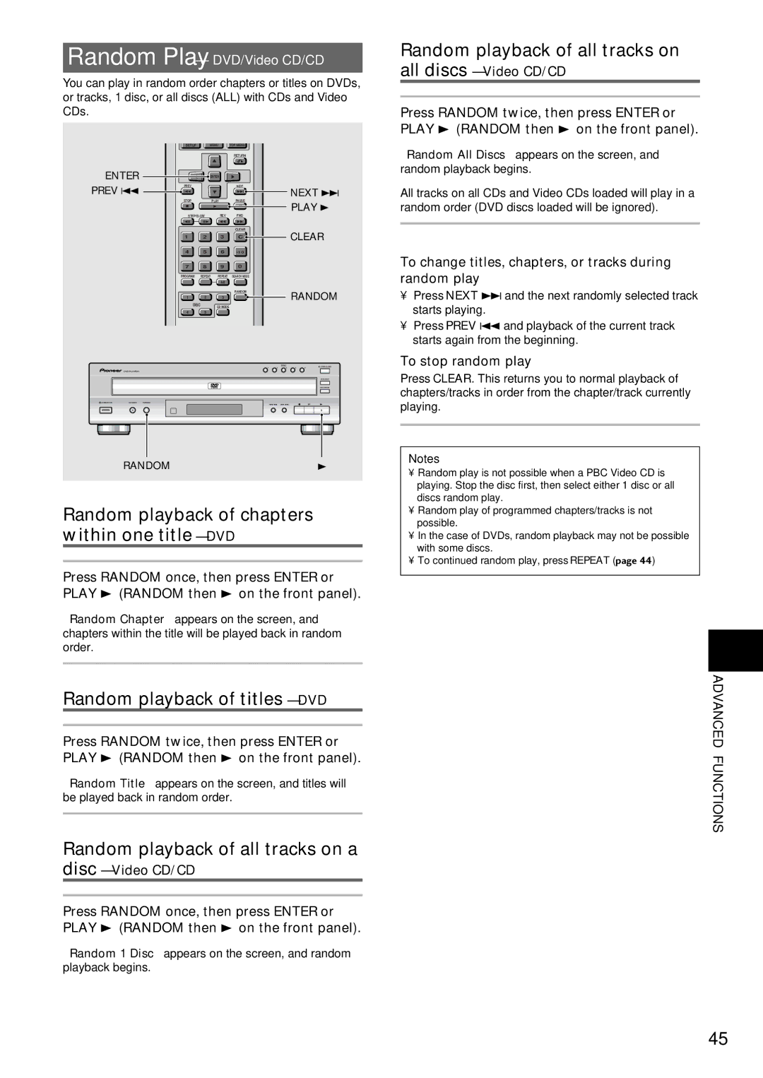 Pioneer DV-C503 Random playback of all tracks on all discs, Random playback of chapters within one title DVD 