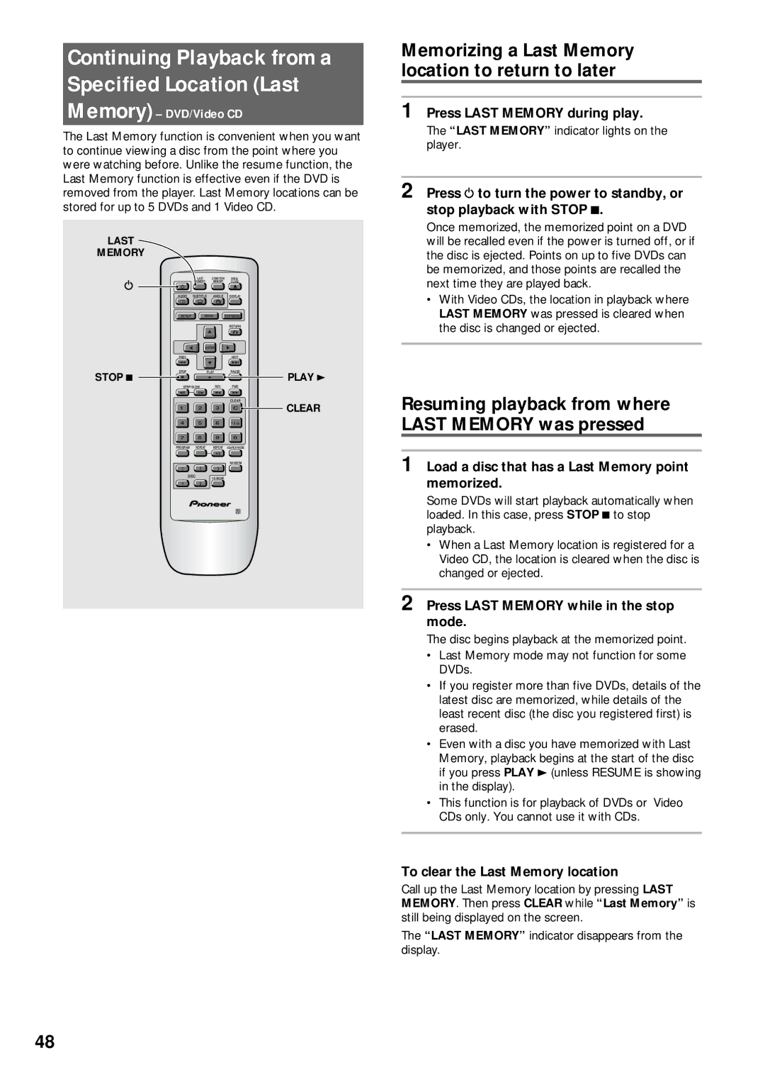 Pioneer DV-C503 Memorizing a Last Memory location to return to later, Resuming playback from where Last Memory was pressed 