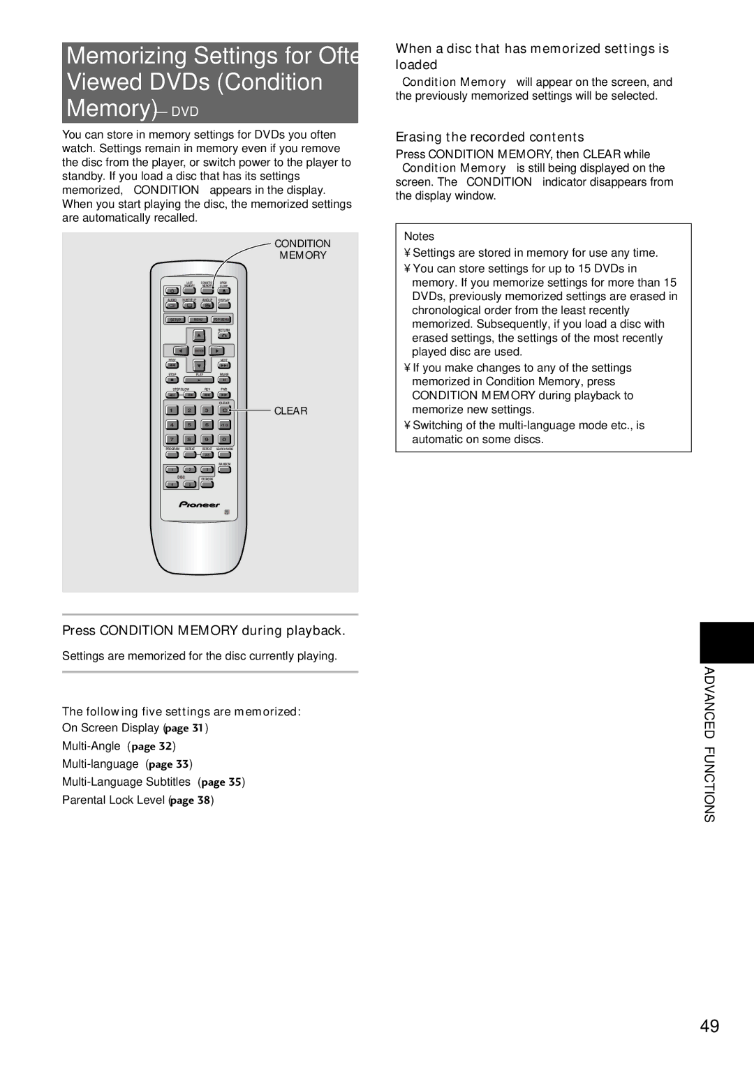 Pioneer DV-C503 operating instructions When a disc that has memorized settings is loaded, Erasing the recorded contents 