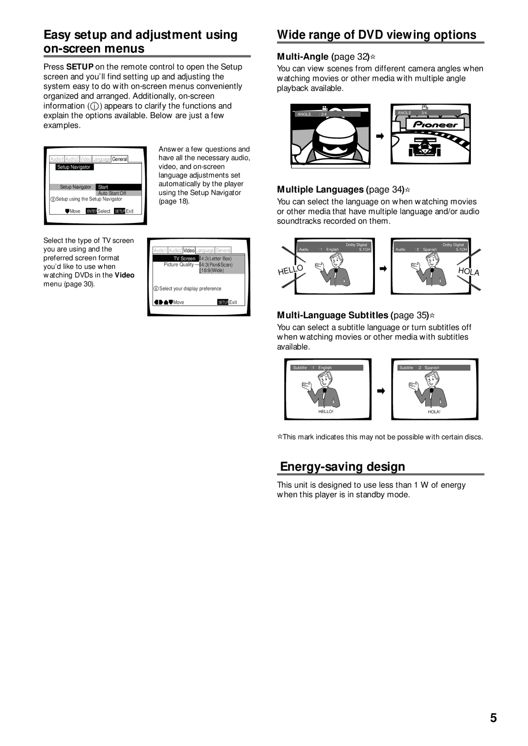 Pioneer DV-C503 Easy setup and adjustment using on-screen menus, Wide range of DVD viewing options, Energy-saving design 