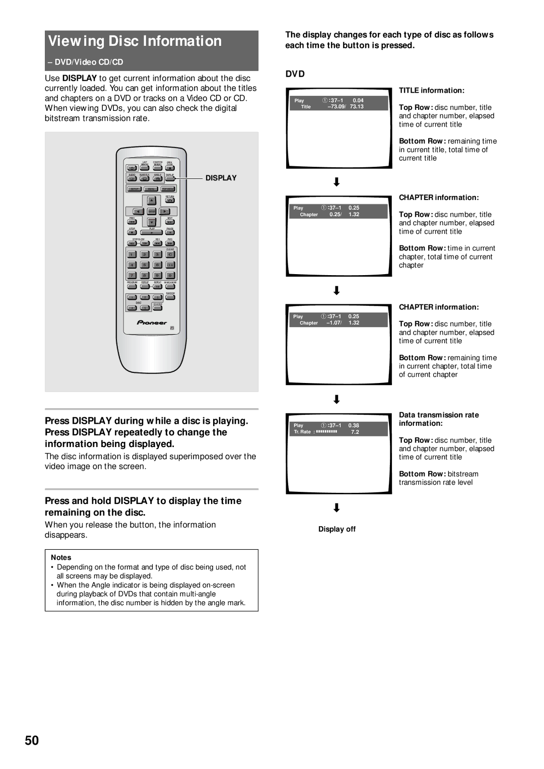 Pioneer DV-C503 operating instructions Viewing Disc Information, When you release the button, the information disappears 