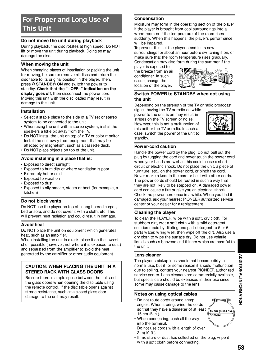 Pioneer DV-C503 operating instructions For Proper and Long Use of This Unit, Additional Information 