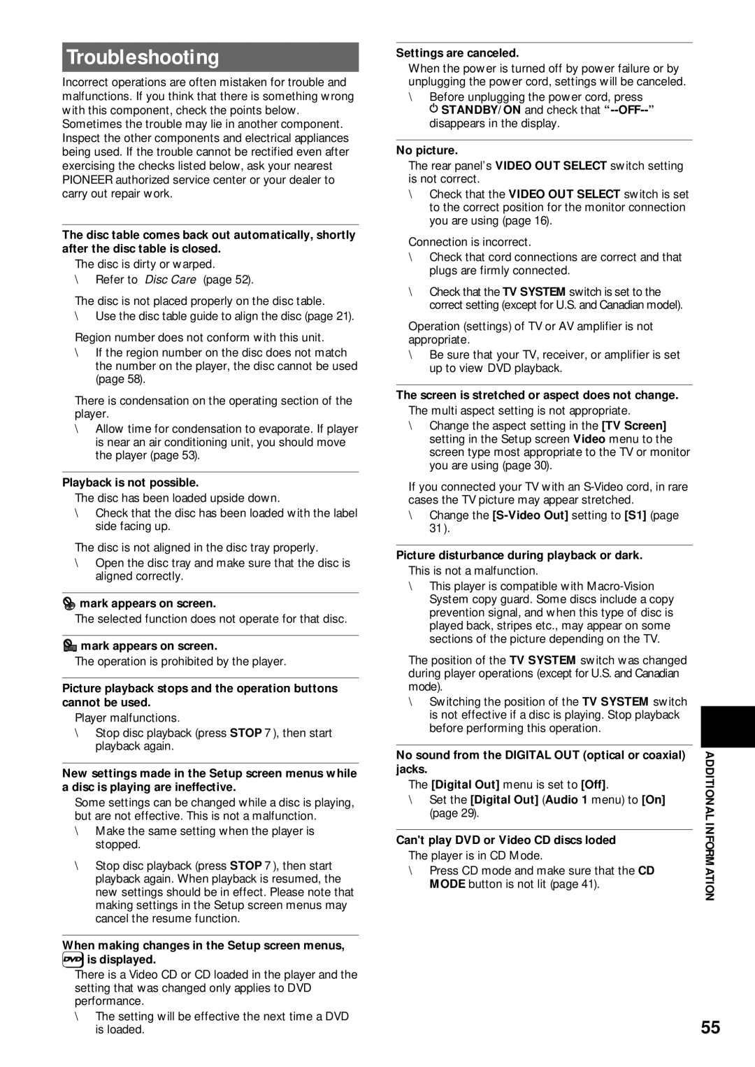 Pioneer DV-C503 operating instructions Troubleshooting 