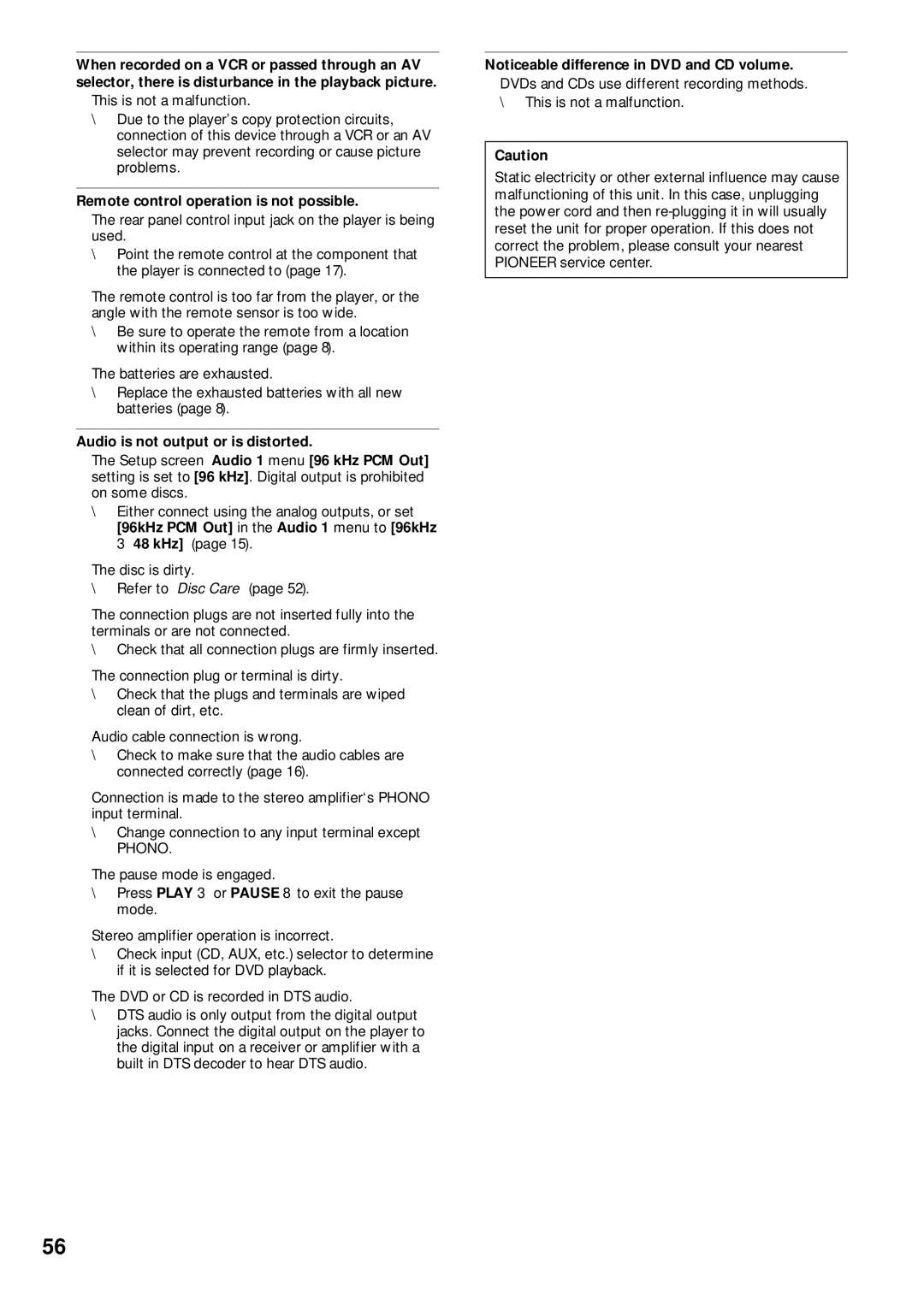 Pioneer DV-C503 operating instructions Remote control operation is not possible, Audio is not output or is distorted 