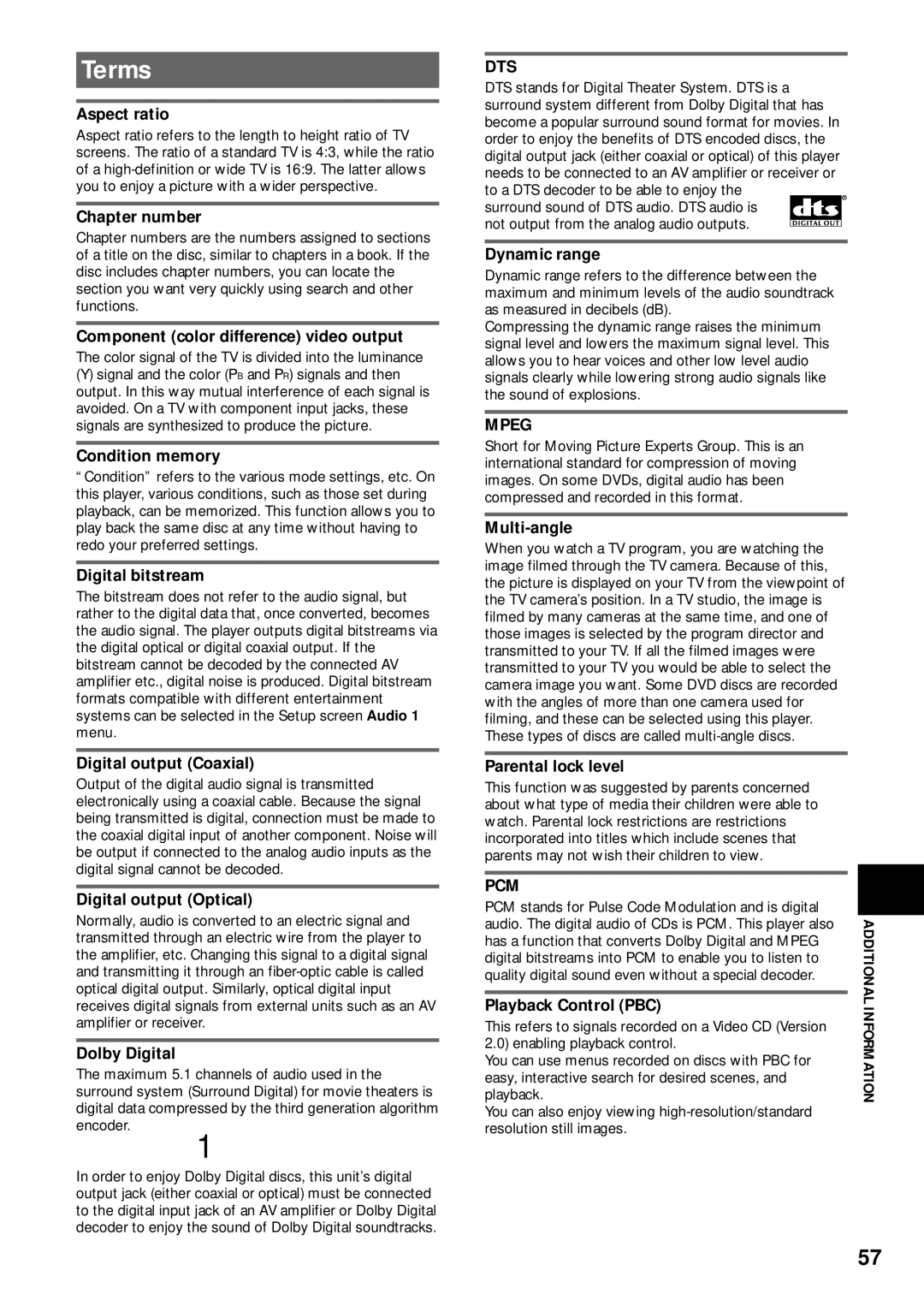 Pioneer DV-C503 operating instructions Terms, Dts, Mpeg, Pcm 