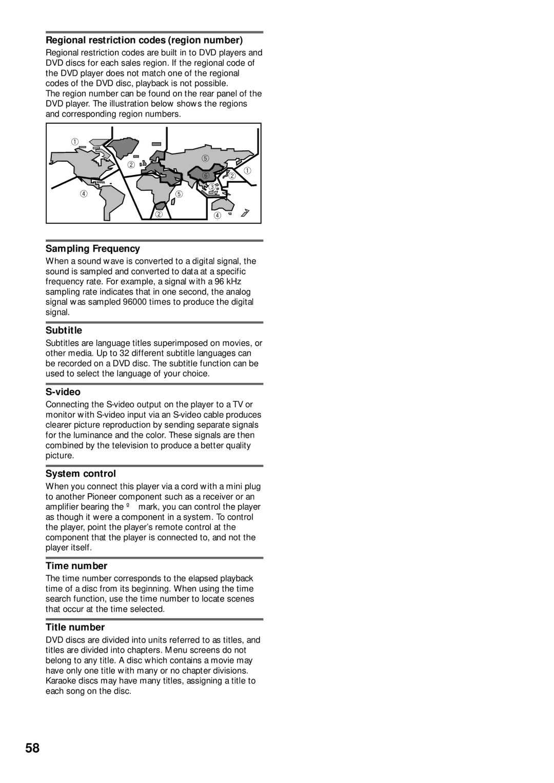 Pioneer DV-C503 Regional restriction codes region number, Sampling Frequency, Subtitle, Video, System control, Time number 