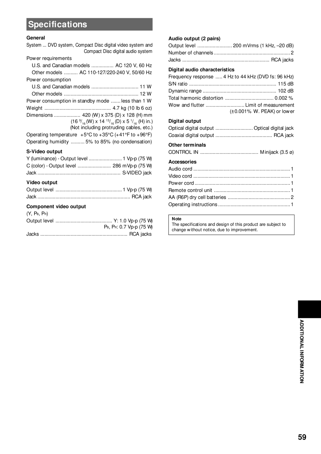 Pioneer DV-C503 operating instructions Specifications 