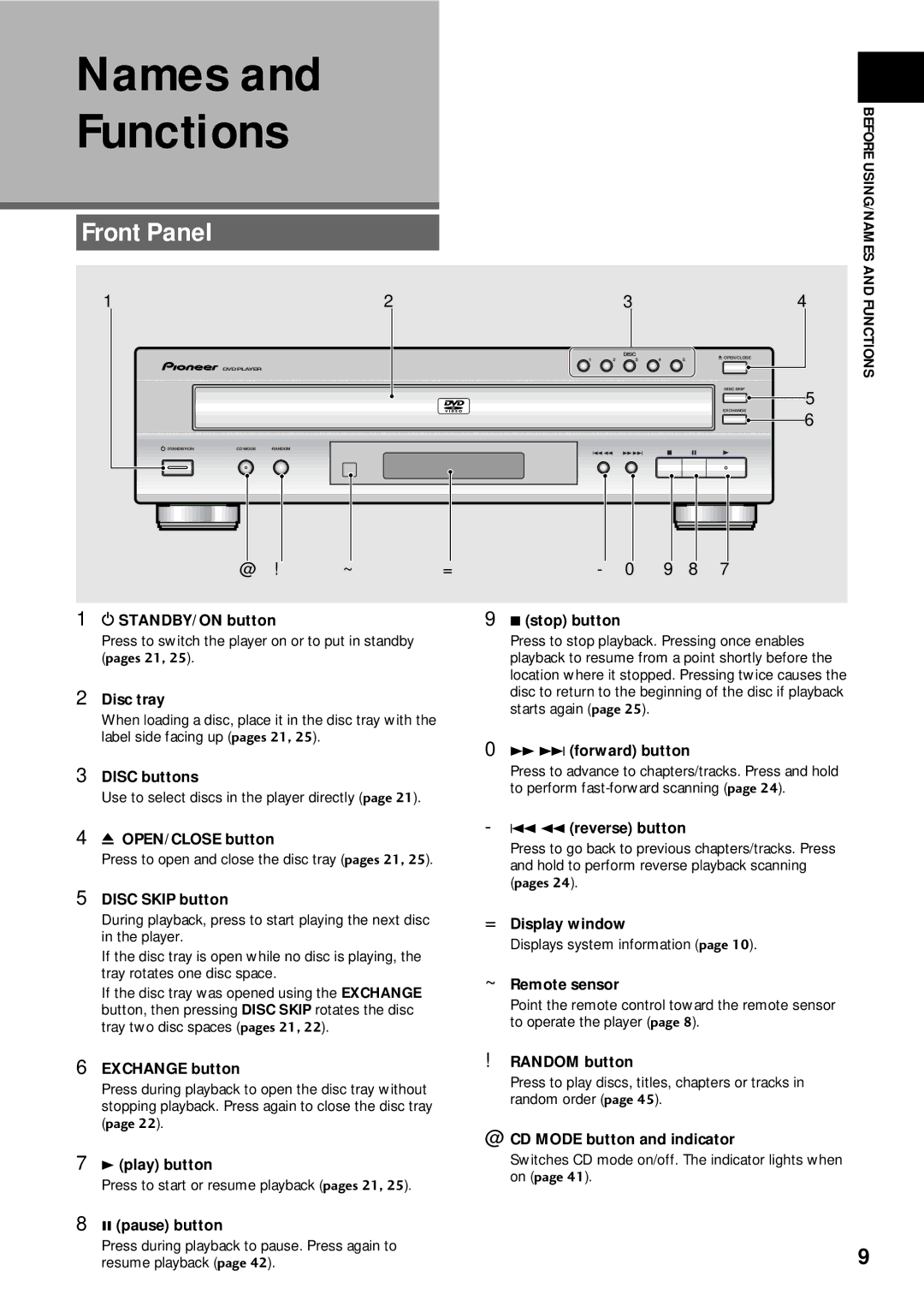 Pioneer DV-C503 operating instructions Names Functions, Front Panel, Before USING/NAMES and Functions 